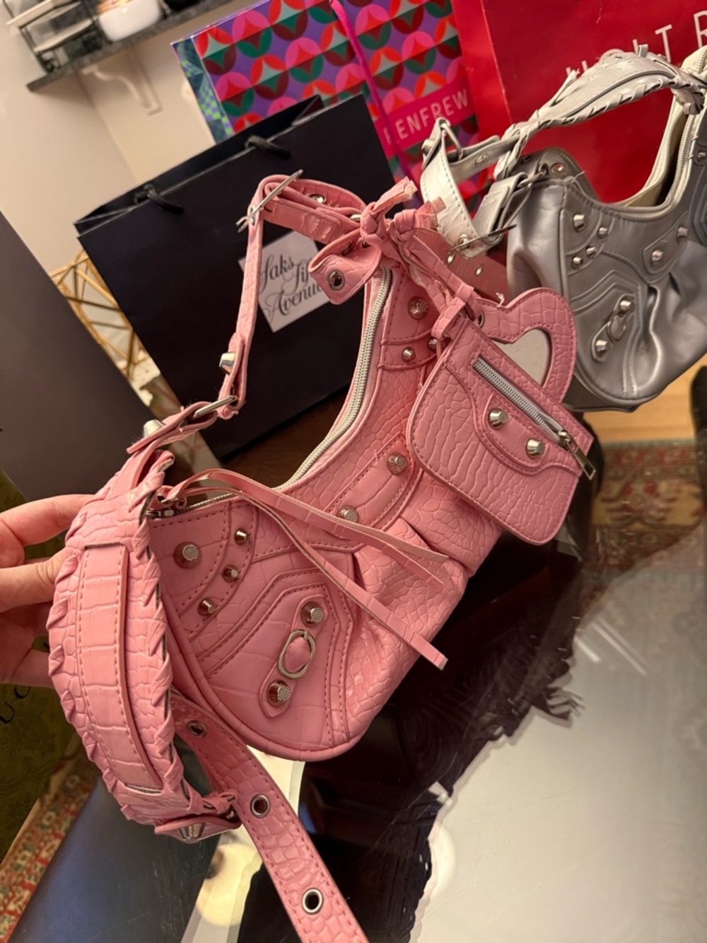 Pink Y2K Studded Shoulder Bag with Mini Zipper Pouch & Mirror